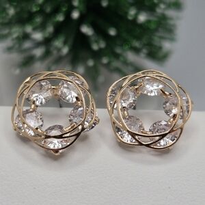 Bridal CZ Circle Stud Earrings Diamond-Look 5-Stone Forever Design Gold Tone